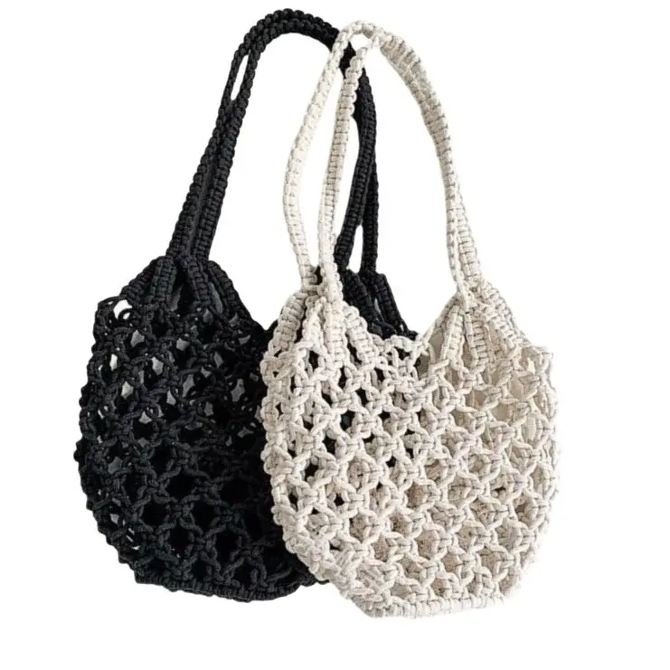 Women's Crochet Fishnet Shoulder Bag Black White - Image 7