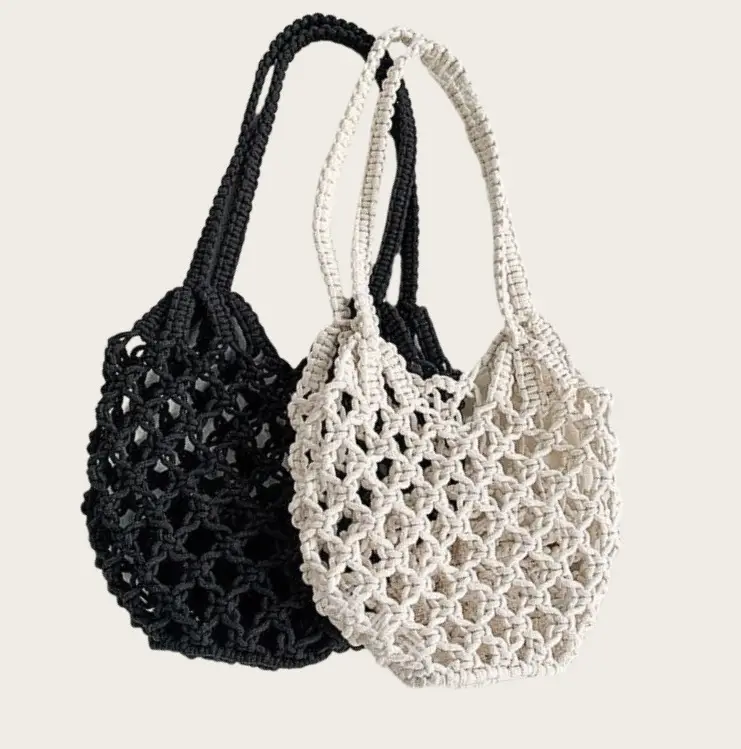 Women's Crochet Fishnet Shoulder Bag Black White — feature 3