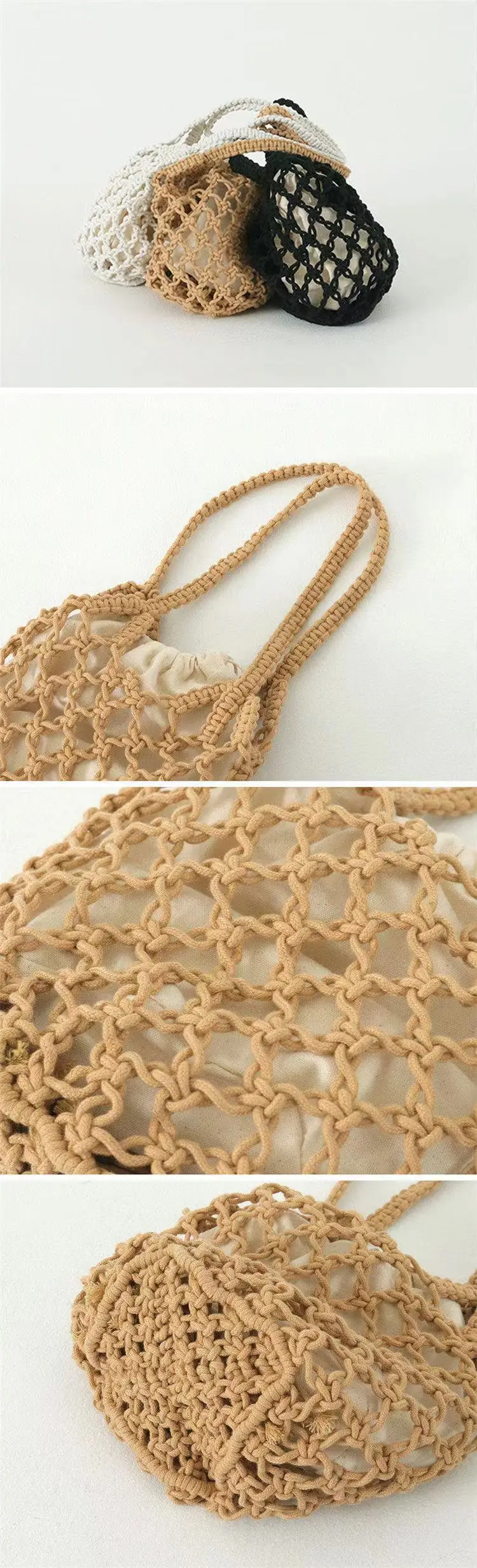 Women's Crochet Fishnet Shoulder Bag Black White — feature 7