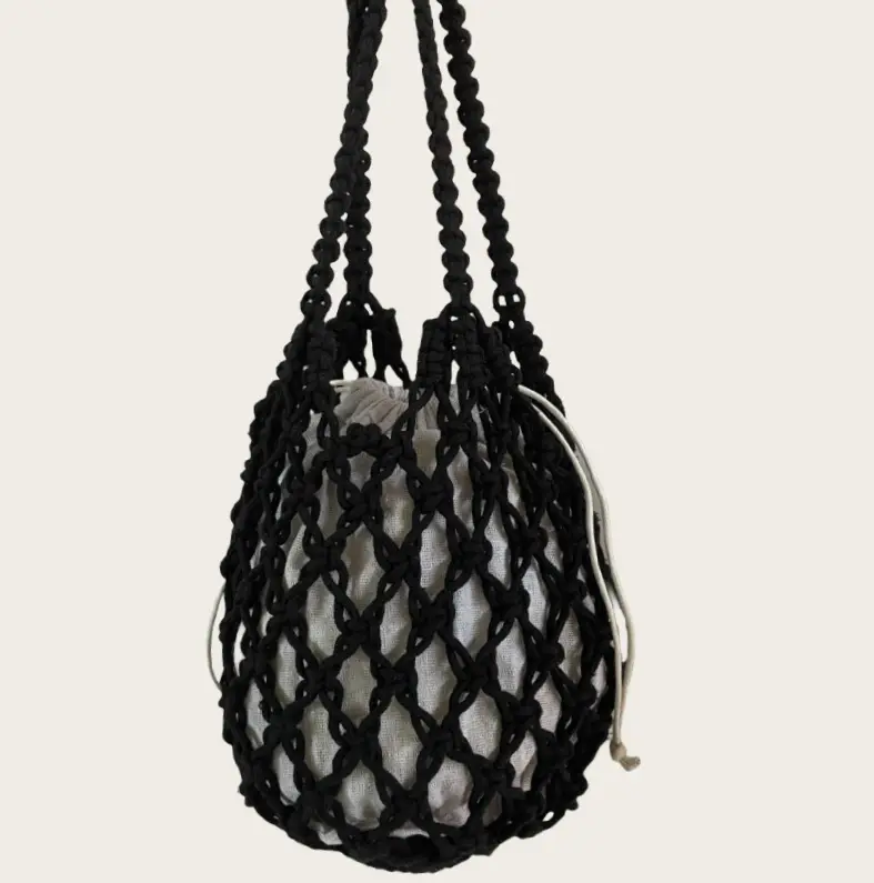 Women's Crochet Fishnet Shoulder Bag Black White - Image 3