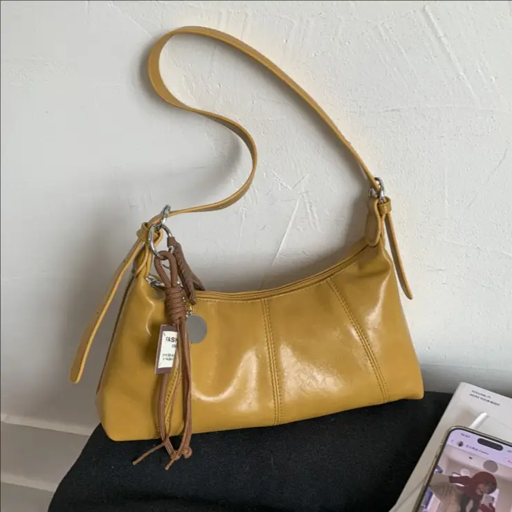 Women's Yellow Leather Crossbody Bag with Tassel - Image 6