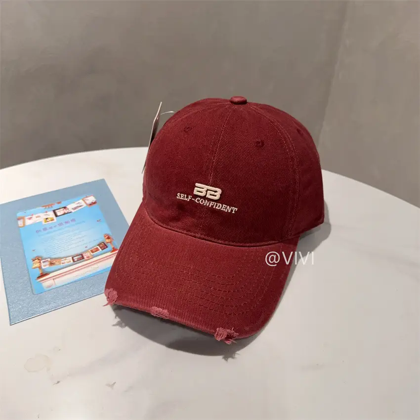 Women Red Embroidered Baseball Cap Wide Brim - Image 13