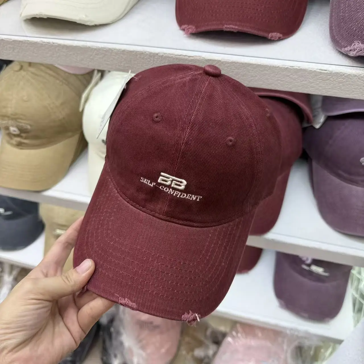 Women Red Embroidered Baseball Cap Wide Brim - Image 8