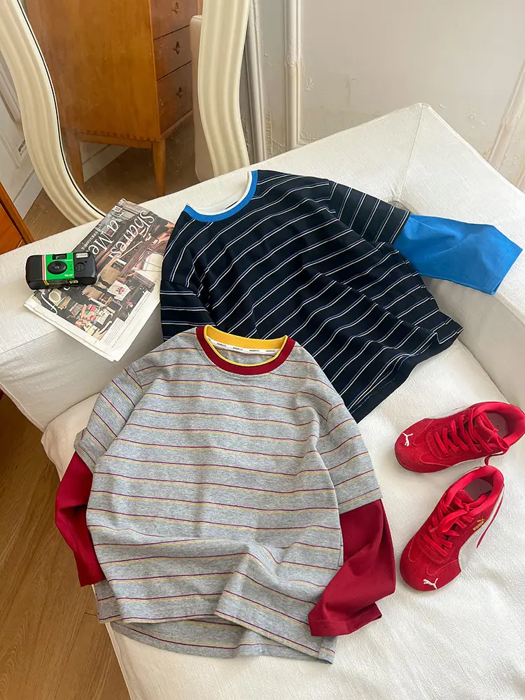 Aimo Beibei Boys Striped Cotton T-Shirt Blue Sleeve Top 2026 Spring - Image 7