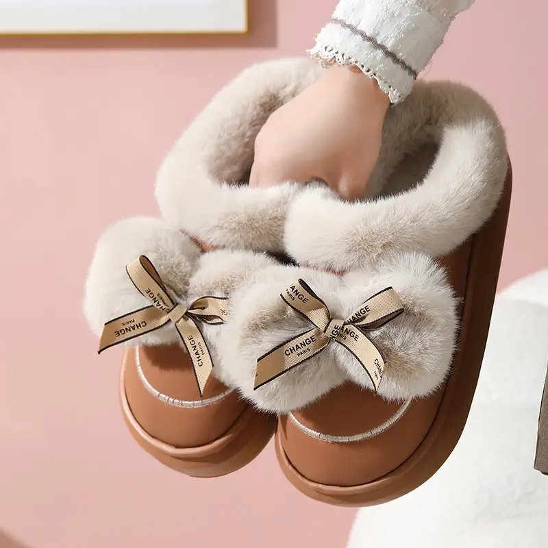 Butterfly-Knot Leather Slippers with a Stepping-On-Clouds Feel, Autumn and Winter Home Warm Plush Thick-Soled Couple's Maternity Slippers for Women - Image 2