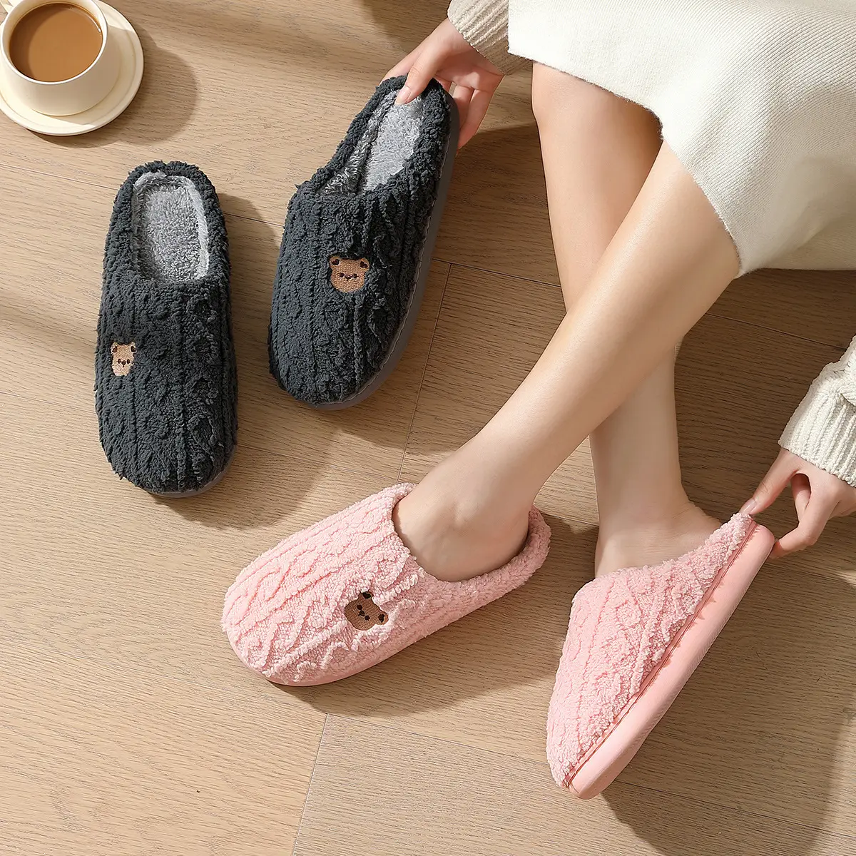Gray Wool Cartoon Bear Slippers for Women Winter - Image 6