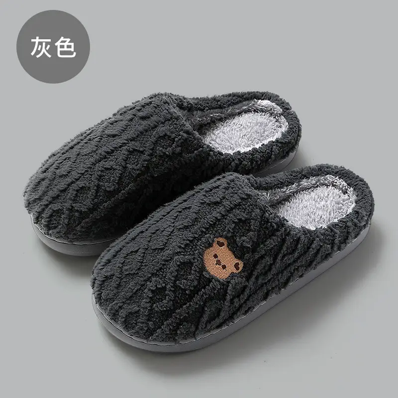 Gray Wool Cartoon Bear Slippers for Women Winter - Image 3
