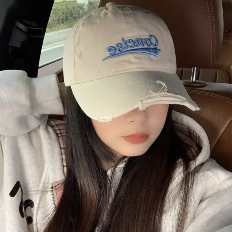 Women White Distressed Cap with "Sunrise" Embroidery