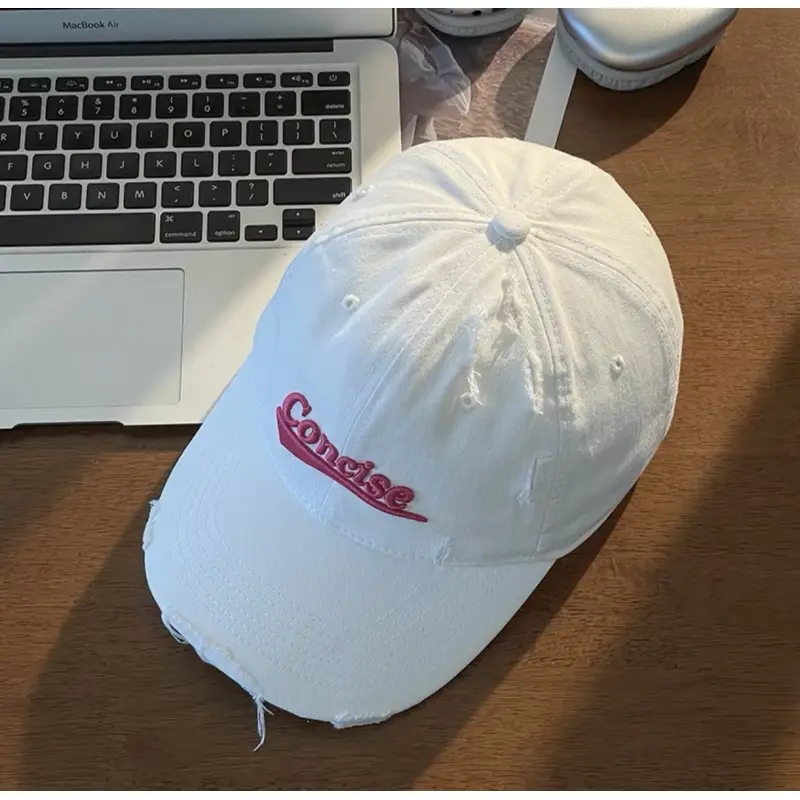 Women White Distressed Cap with "Sunrise" Embroidery