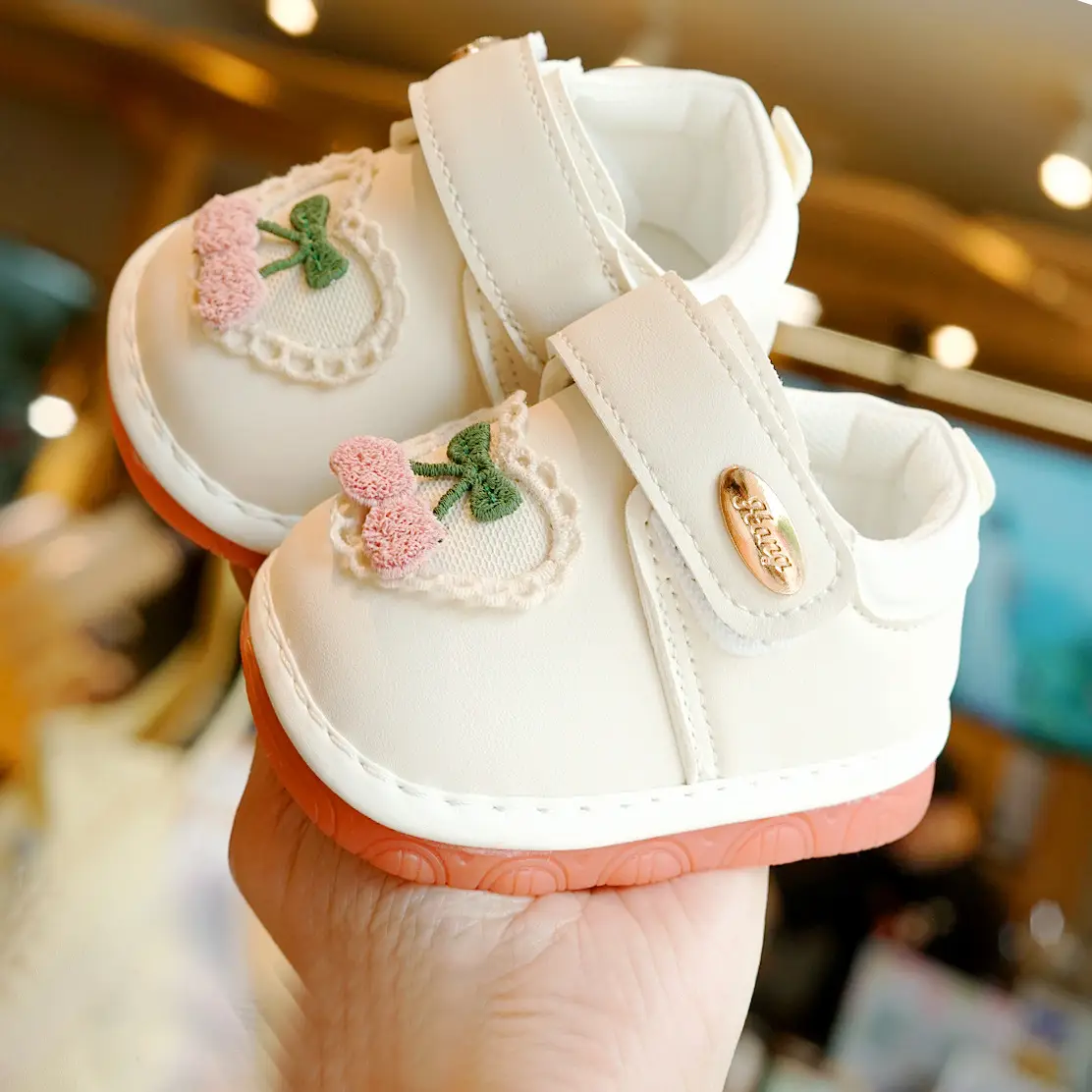 Baby Shoes White Peach Embroidered 1-2Yrs Soft Sole