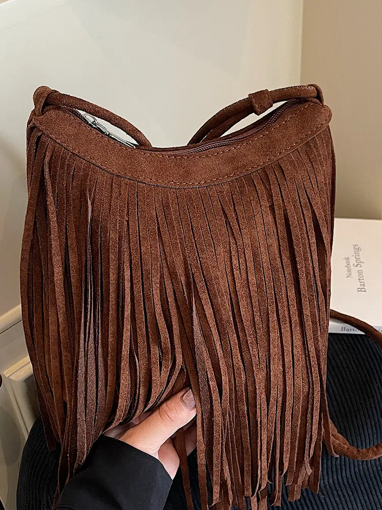 Women's Brown Fringed Shoulder Bag with Tassel Detail