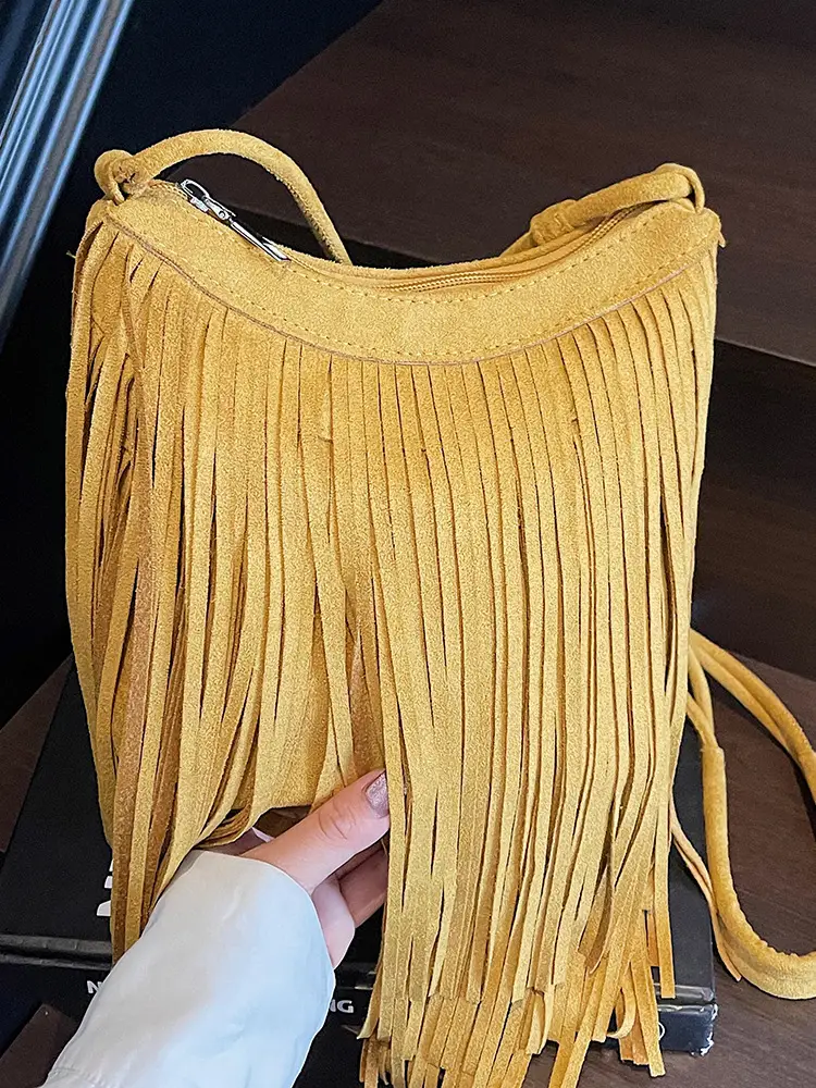 Women's Brown Fringed Shoulder Bag with Tassel Detail