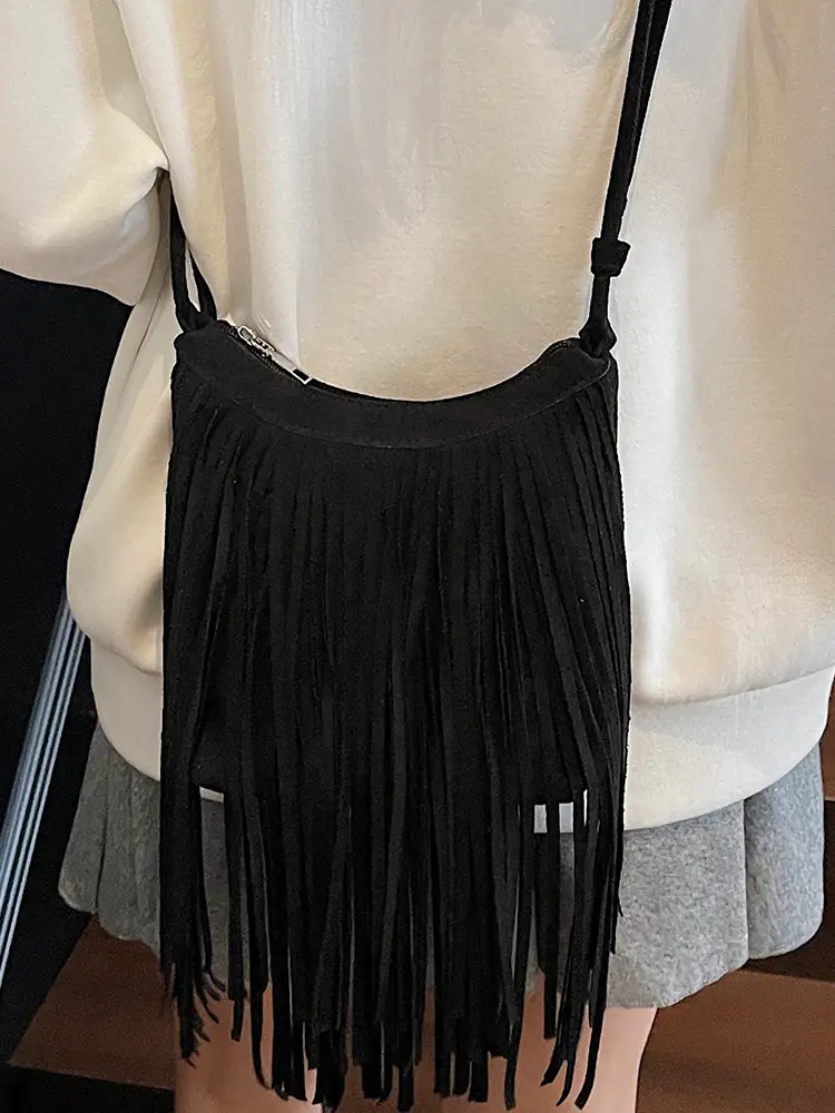 Women's Brown Fringed Shoulder Bag with Tassel Detail