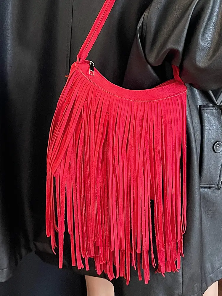 Women's Brown Fringed Shoulder Bag with Tassel Detail