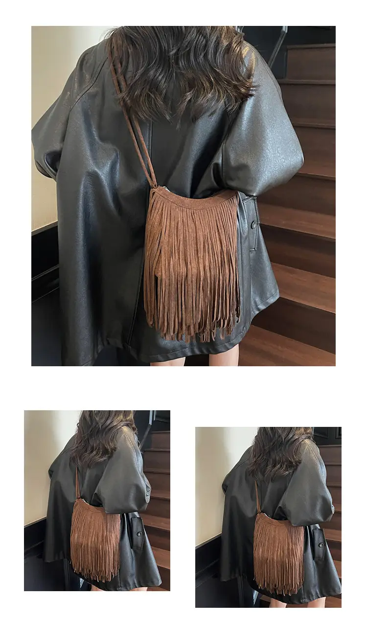 Women's Brown Fringed Shoulder Bag with Tassel Detail — feature 10
