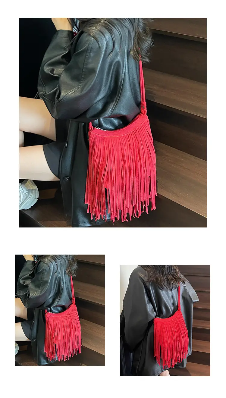 Women's Brown Fringed Shoulder Bag with Tassel Detail — feature 11