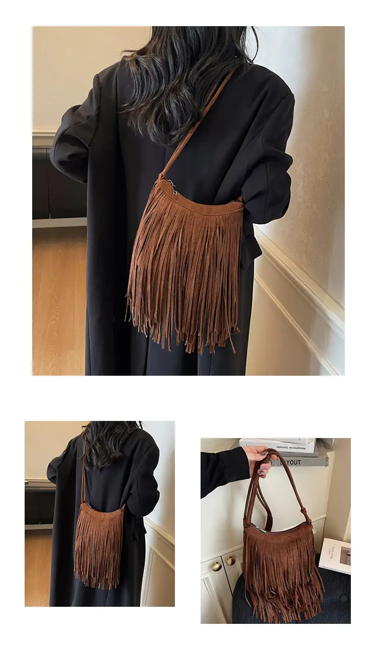 Women's Brown Fringed Shoulder Bag with Tassel Detail — feature 14