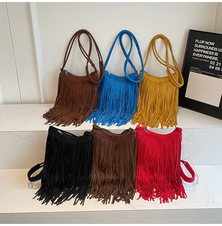 Women's Brown Fringed Shoulder Bag with Tassel Detail — feature 15