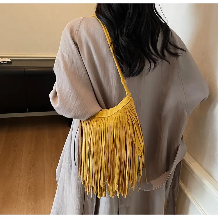 Women's Brown Fringed Shoulder Bag with Tassel Detail — feature 16