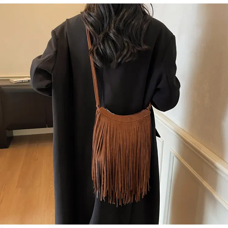 Women's Brown Fringed Shoulder Bag with Tassel Detail — feature 18