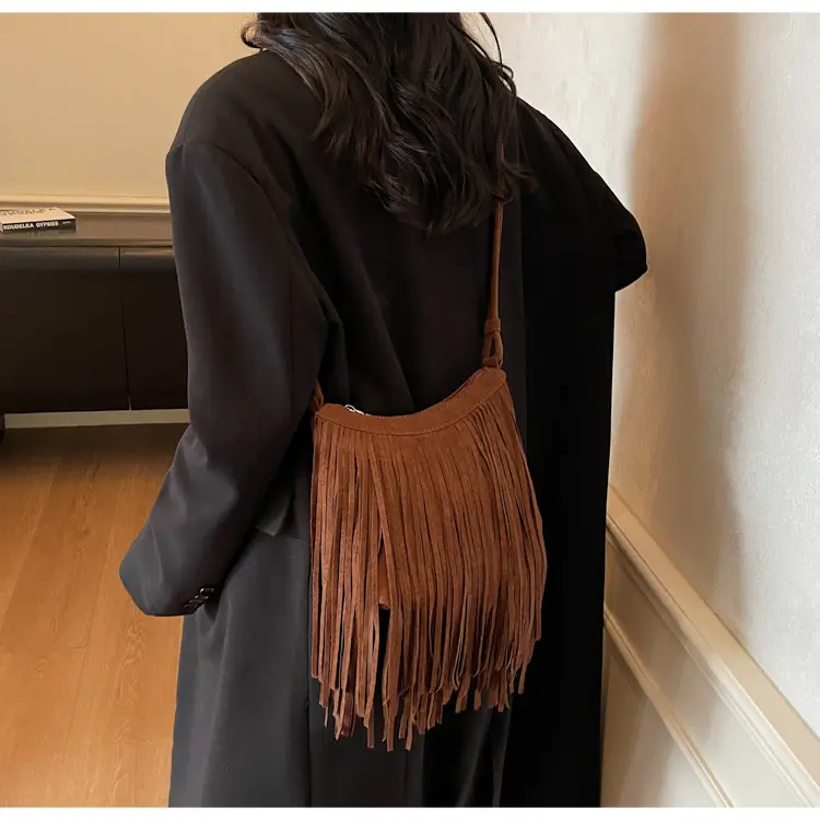 Women's Brown Fringed Shoulder Bag with Tassel Detail — feature 19