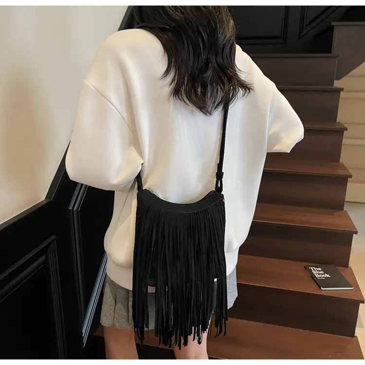 Women's Brown Fringed Shoulder Bag with Tassel Detail — feature 22