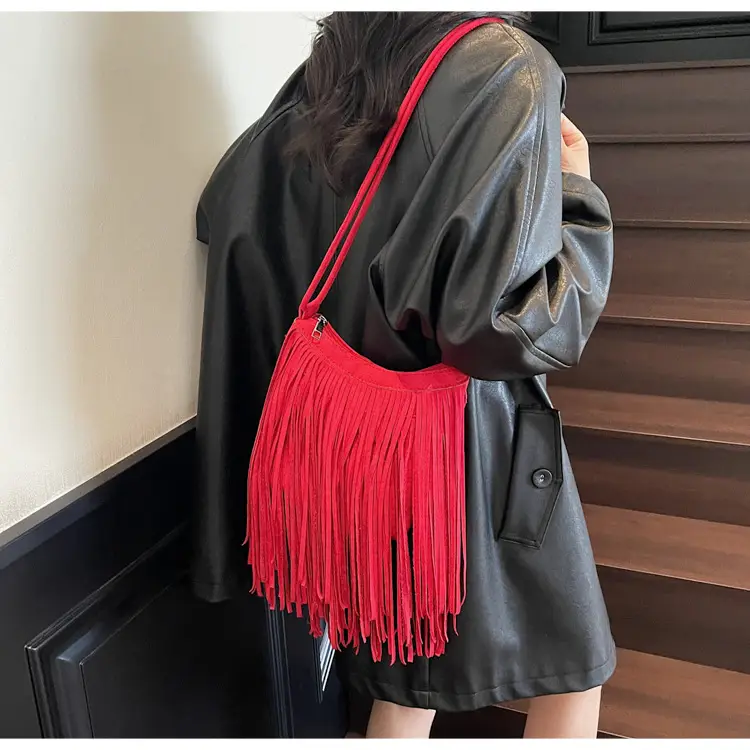 Women's Brown Fringed Shoulder Bag with Tassel Detail — feature 24