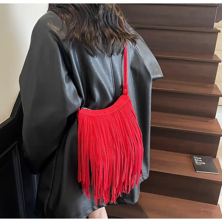 Women's Brown Fringed Shoulder Bag with Tassel Detail — feature 25
