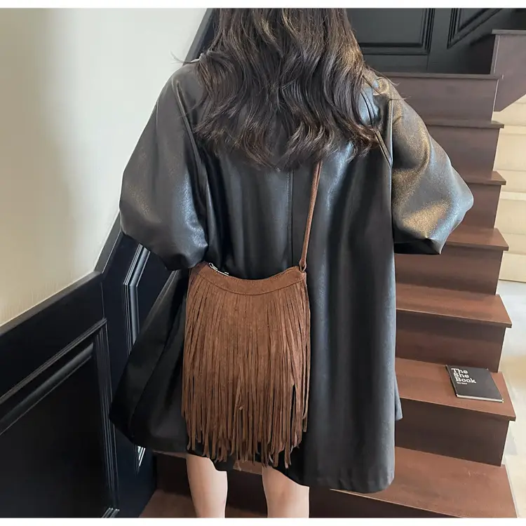 Women's Brown Fringed Shoulder Bag with Tassel Detail — feature 26