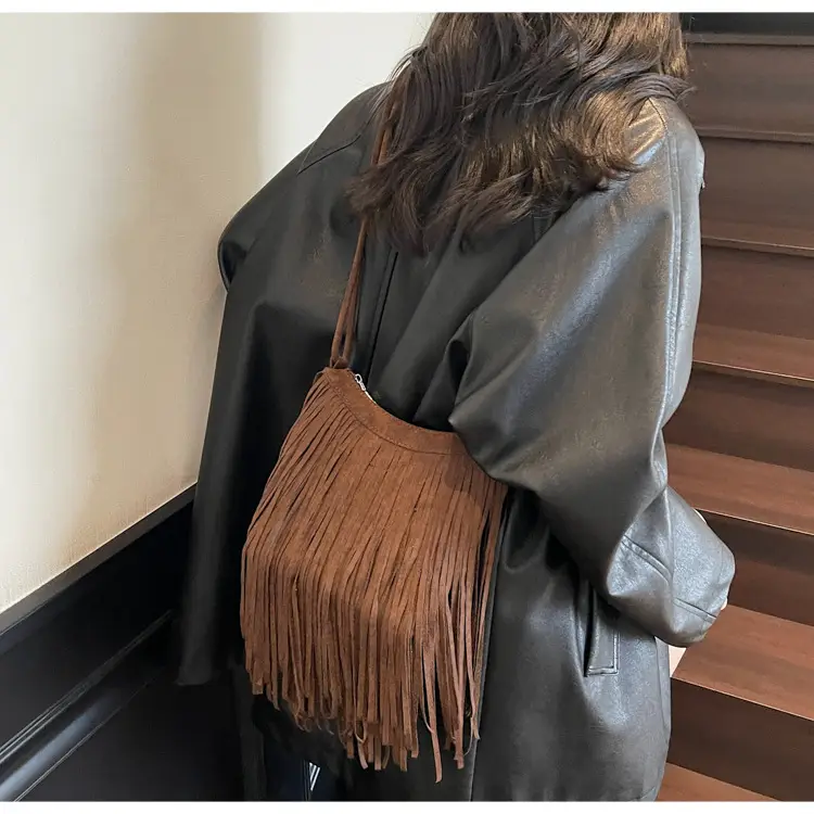 Women's Brown Fringed Shoulder Bag with Tassel Detail — feature 27