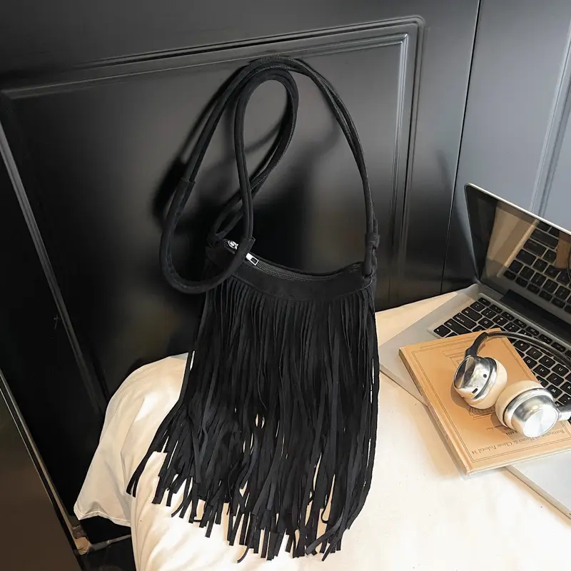 Women's Brown Fringed Shoulder Bag with Tassel Detail — feature 28