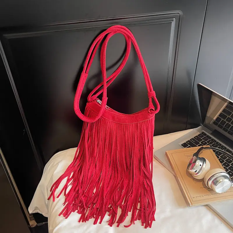 Women's Brown Fringed Shoulder Bag with Tassel Detail — feature 30