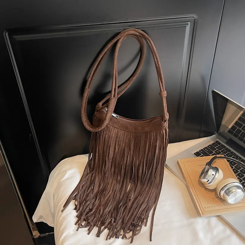 Women's Brown Fringed Shoulder Bag with Tassel Detail — feature 31