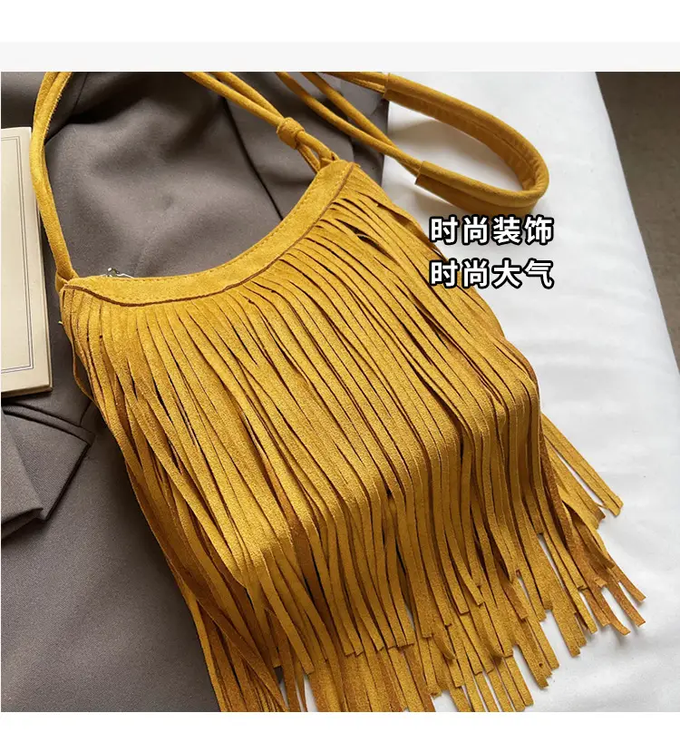 Women's Brown Fringed Shoulder Bag with Tassel Detail — feature 7