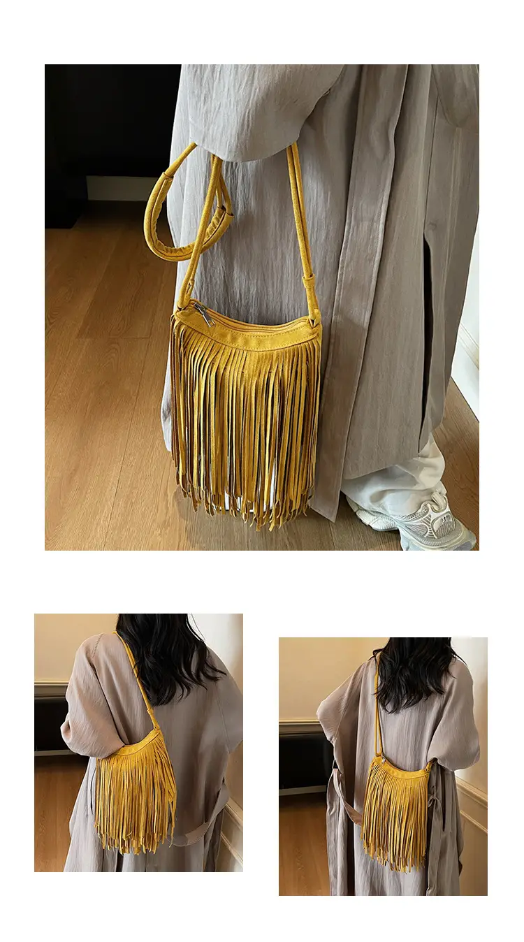 Women's Brown Fringed Shoulder Bag with Tassel Detail — feature 9