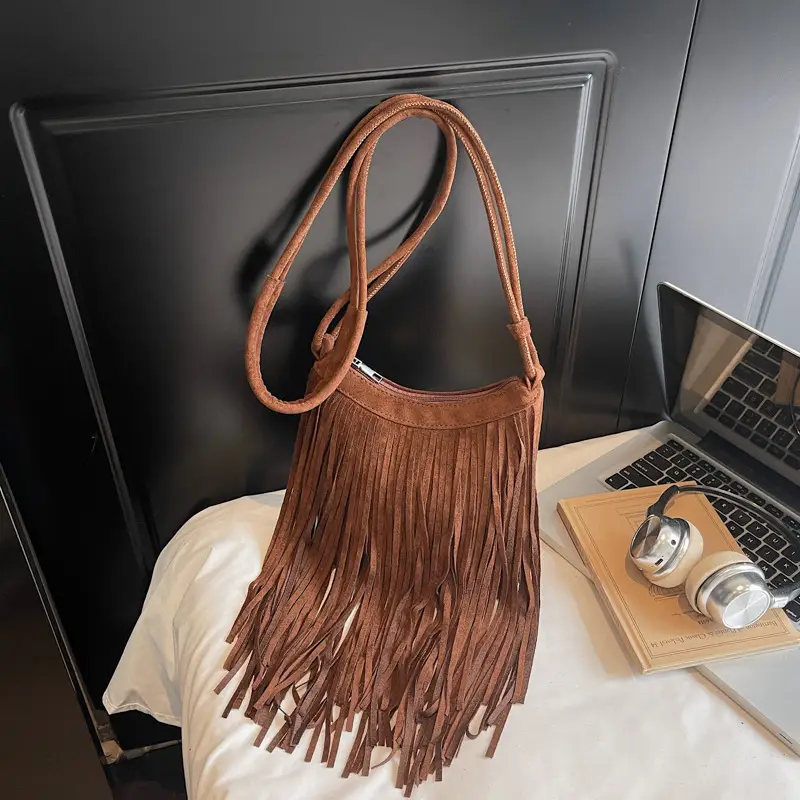 Women's Brown Fringed Shoulder Bag with Tassel Detail