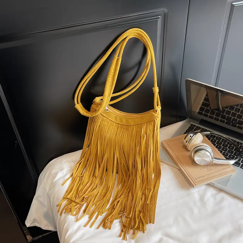 Women's Brown Fringed Shoulder Bag with Tassel Detail