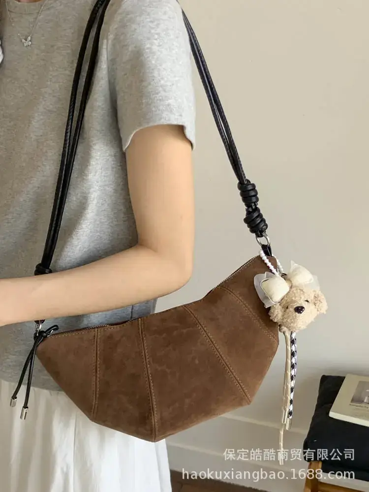 Suede Crossbody Bag Brown Large Capacity Women