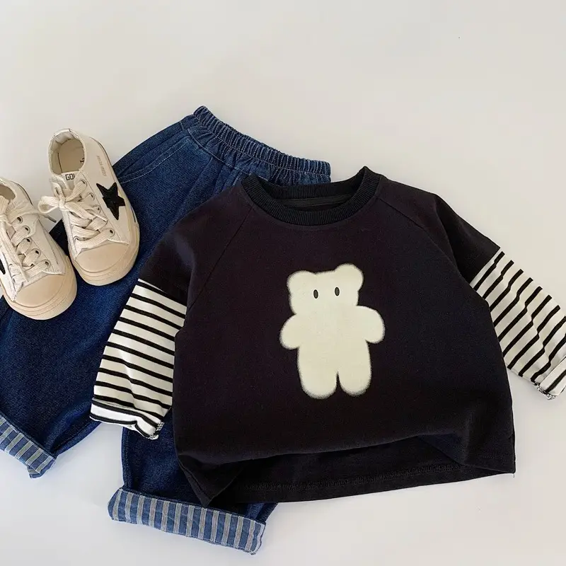 Boys Long Sleeve T-Shirt Autumn 2025 Cotton Beige Black Bear Print - Image 3