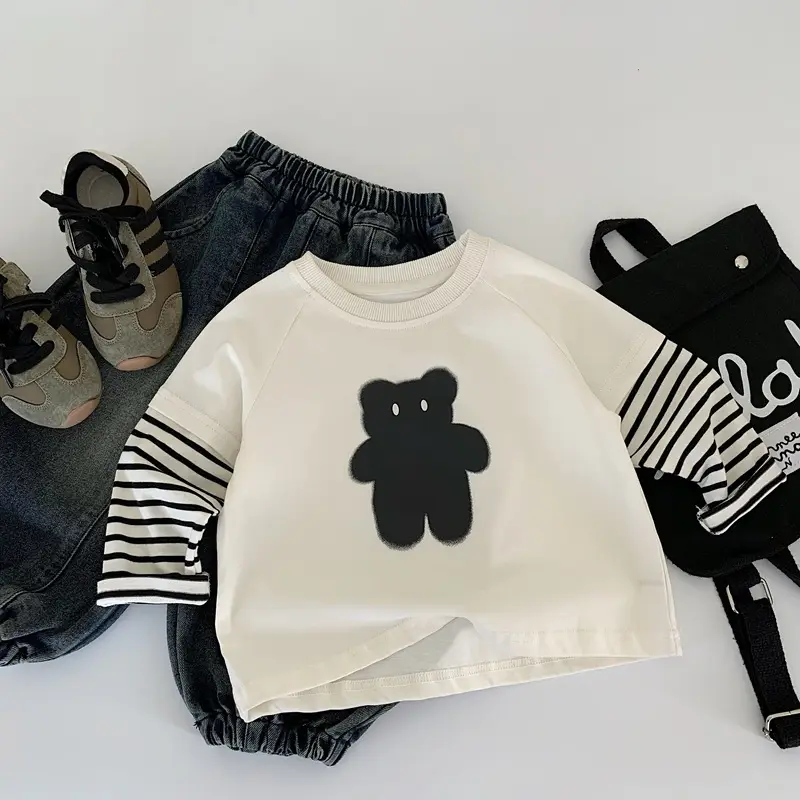 Boys Long Sleeve T-Shirt Autumn 2025 Cotton Beige Black Bear Print - Image 4