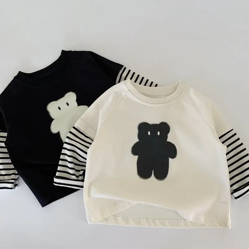 Boys Long Sleeve T-Shirt Autumn 2025 Cotton Beige Black Bear Print - Image 5