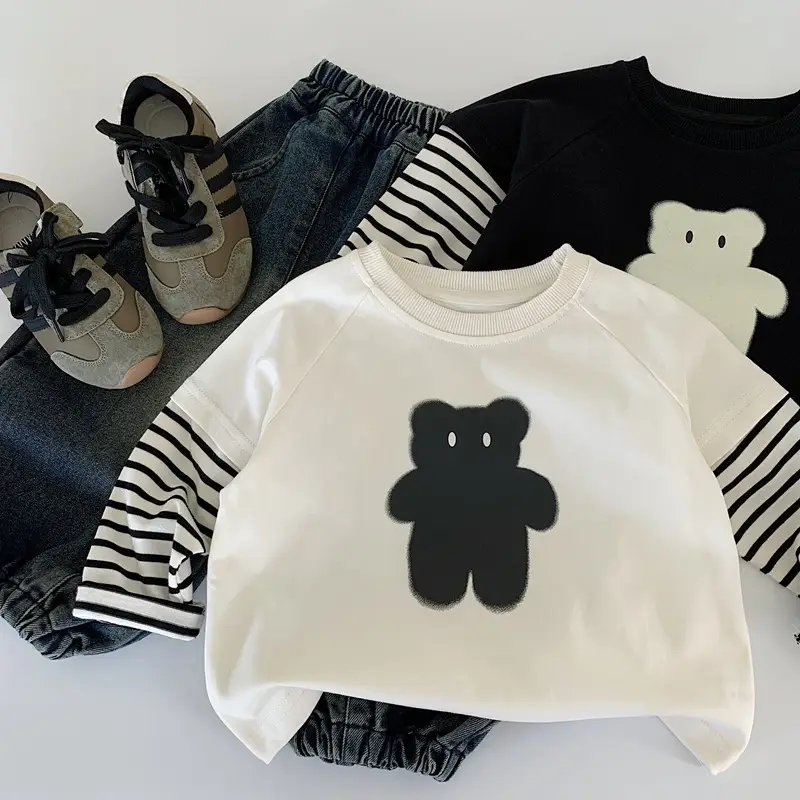 Boys Long Sleeve T-Shirt Autumn 2025 Cotton Beige Black Bear Print — feature 5