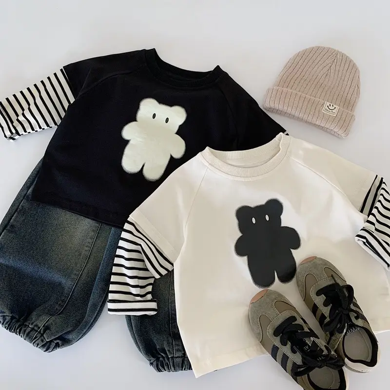 Boys Long Sleeve T-Shirt Autumn 2025 Cotton Beige Black Bear Print — feature 6