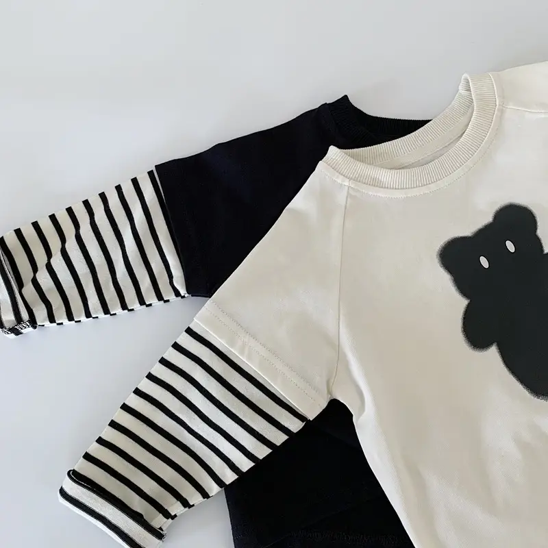 Boys Long Sleeve T-Shirt Autumn 2025 Cotton Beige Black Bear Print — feature 9
