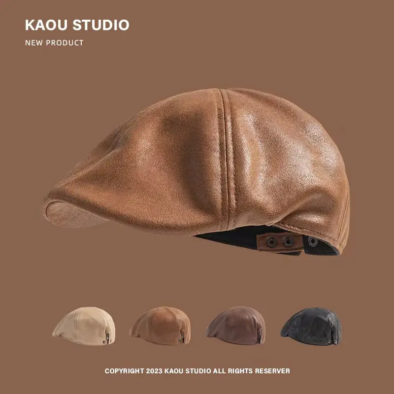Japanese Retro Washed Distressed Pu Leather Forward Cap Unisex Fashion Casual Newsboy Cap - Image 4