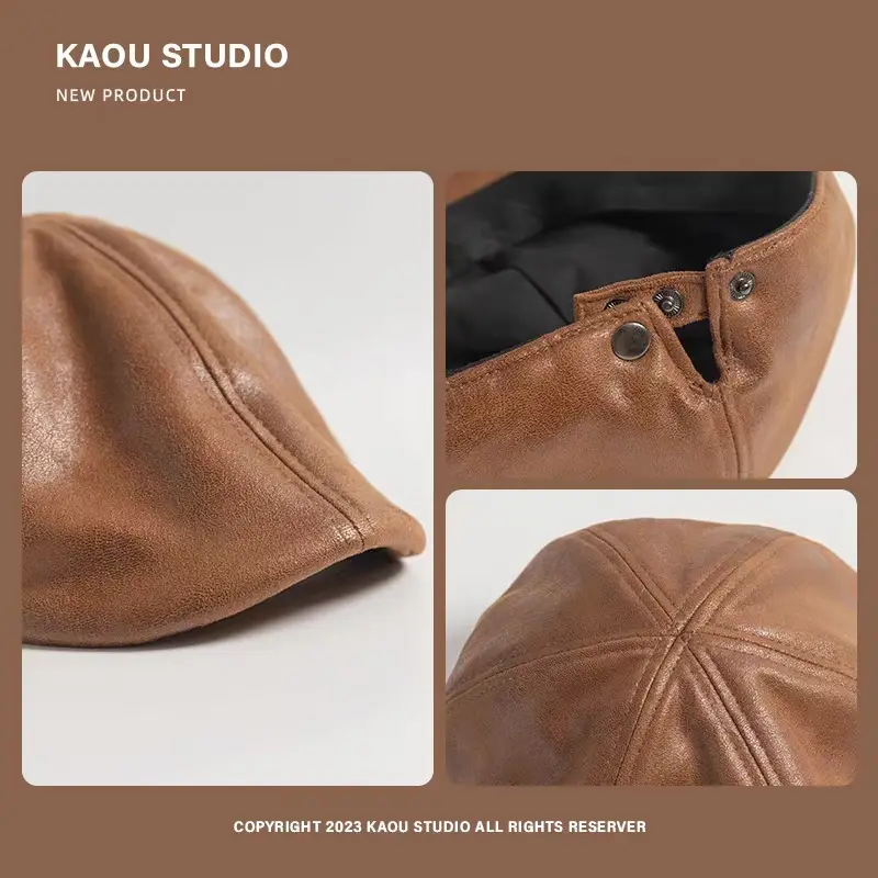 Japanese Retro Washed Distressed Pu Leather Forward Cap Unisex Fashion Casual Newsboy Cap - Image 5