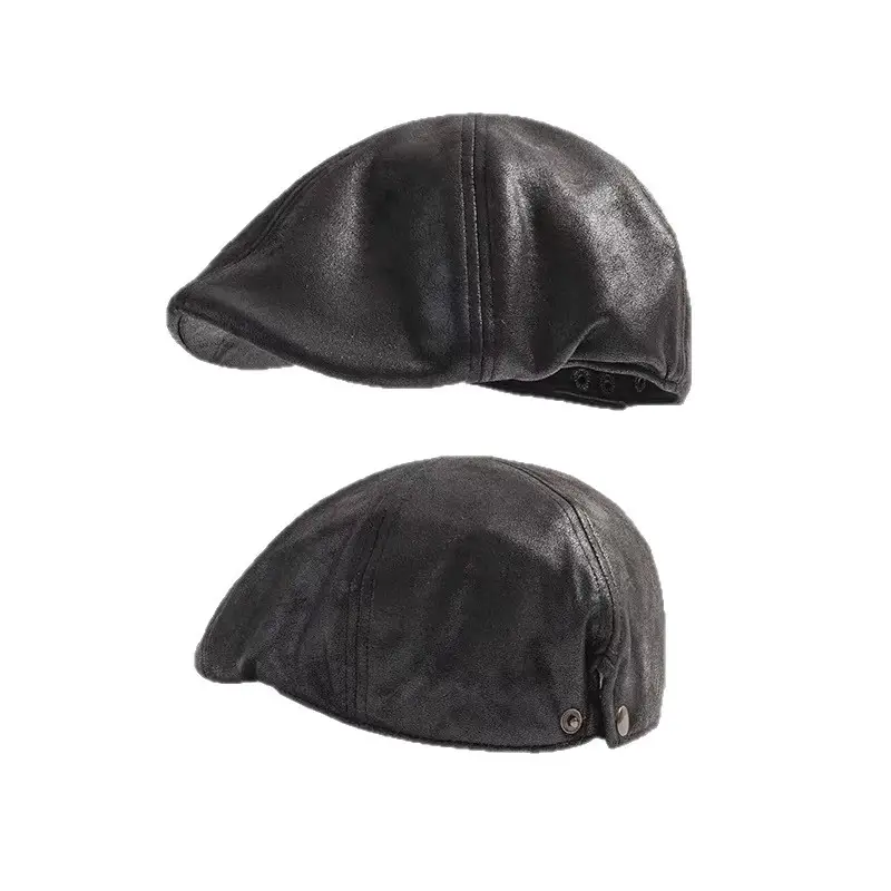 Japanese Retro Washed Distressed Pu Leather Forward Cap Unisex Fashion Casual Newsboy Cap - Image 6