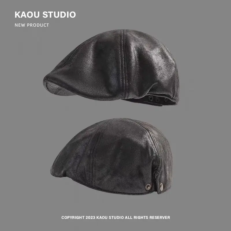 Japanese Retro Washed Distressed Pu Leather Forward Cap Unisex Fashion Casual Newsboy Cap — feature 5