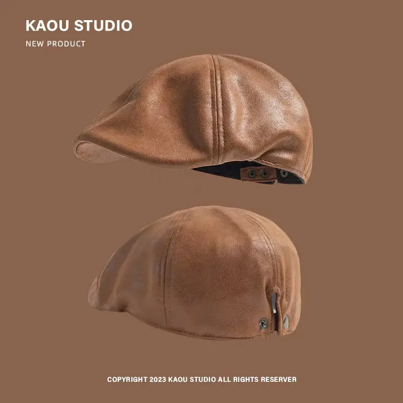 Japanese Retro Washed Distressed Pu Leather Forward Cap Unisex Fashion Casual Newsboy Cap - Image 3