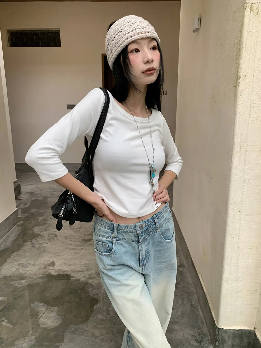 [9Hour] American Sweet and Spicy Style Right Shoulder T-Shirt for Women 2025 Autum Versatile Mid-Sleeve Micro-Elastic Top for Women C250635